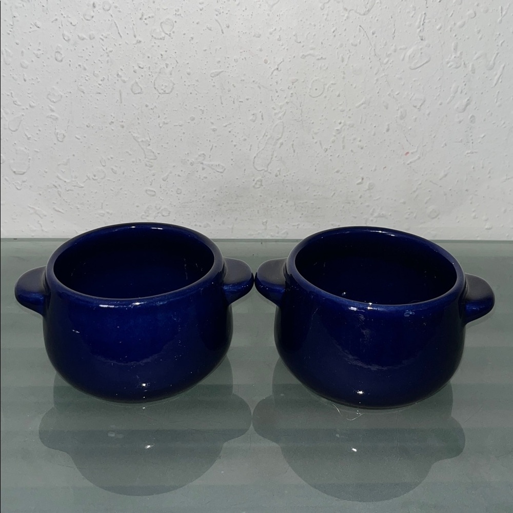 vintage cobalt blue stoneware soup bowls, or "mini crocks," Gerz of West Germany